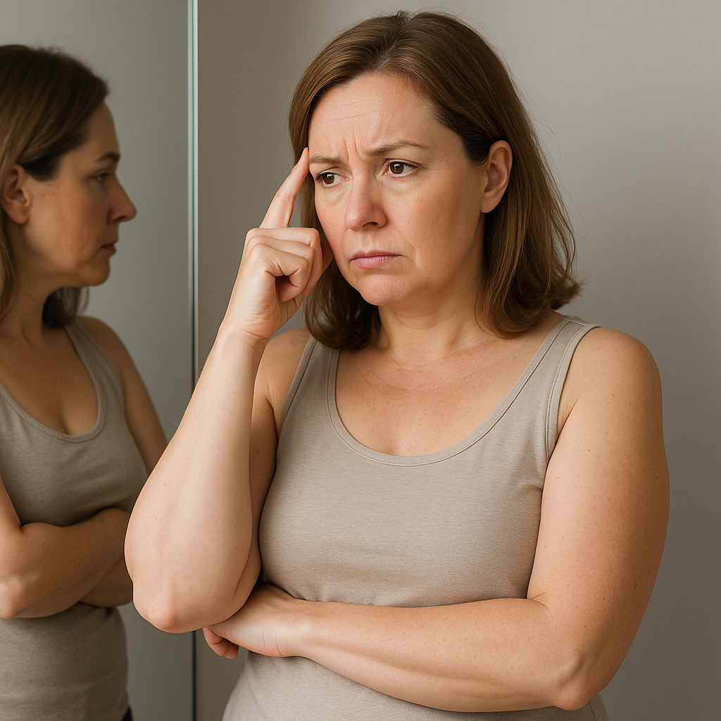 Australian woman looking at herself in the mirror, thinking about weight loss